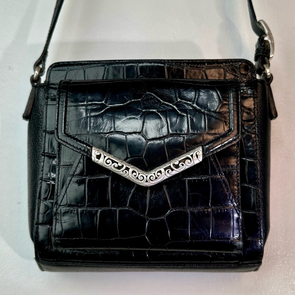 Black Croc-Embossed Leather Crossbody Bag with Silver Trim & Organizer